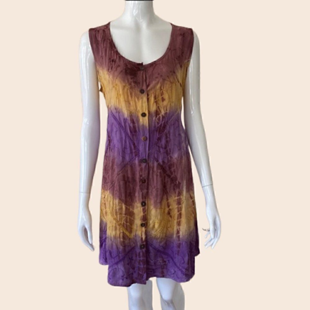 Vintage Flower Brand Yellow and Purple Tie Dye Tunic Dress with Waist Ties